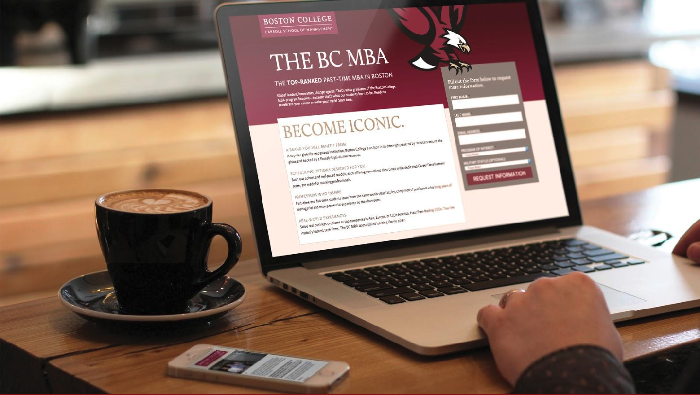 Person is sitting at a laptop displaying a digital landing page. The screen shows  information about the "BC MBA" with an open reply for more information form.