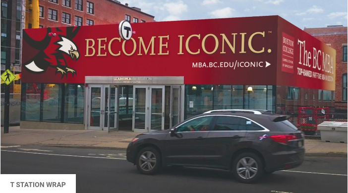  A car drives past a building with a large red advertisement that reads, "BECOME ICONIC" along with a logo and a web address, "MBA.BC.EDU/ICONIC"