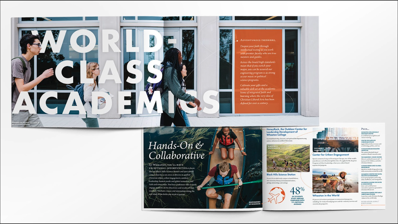 Two open pages of a printed college viewbook. The top spread reads "World Class Academics". The bottom spread reads "Hands-in Collaboration"