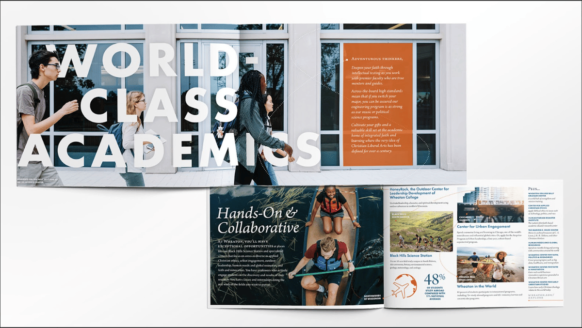 Two open pages of a printed college viewbook. The top spread reads "World Class Academics". The bottom spread reads "Hands-in Collaboration"